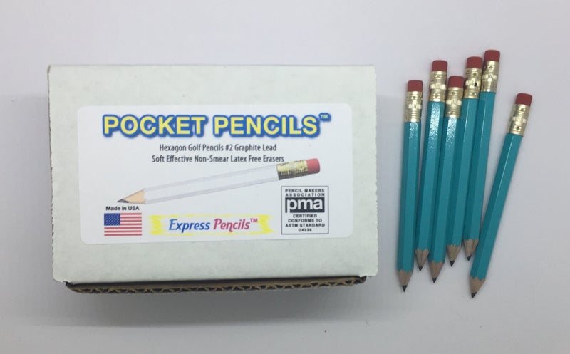 Express Pencils Half Pencils with Eraser - Golf, Pew, Short Mini Non Toxic - Hexagon, Sharpened, #2 Pencil, (Color - Light Turquoise), (Box of 72) half gross Golf Pocket Pencils - Image 3